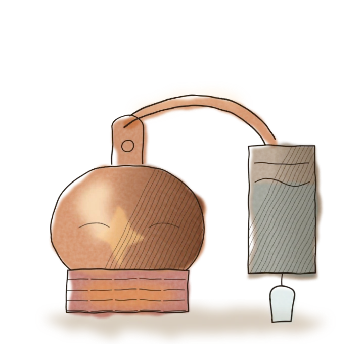 Ilustración en acuarela: alambique de cobre.