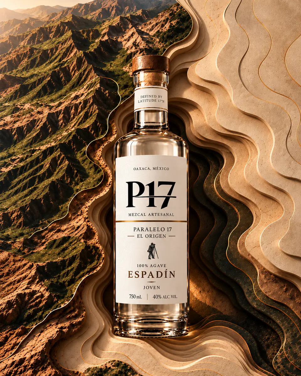 Botella de P17 Espadín El Origen recostada sobre un relieve topográfico de capas de arena y montañas oaxaqueñas.